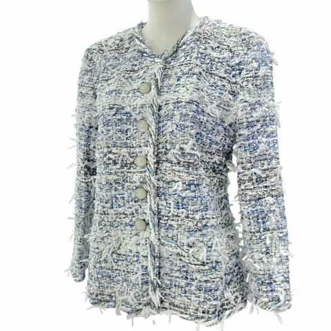 CHANEL 香奈兒 2018 SPRING-SUMMER FANTASY TWEED COLLARLESS JACKET  藍白幻彩緞帶斜紋軟呢無領外套