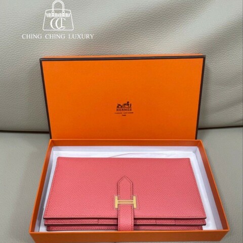 🌈Hermes💗Bearn Wallet 長銀包💓火烈鳥粉金扣💗99.8新閑置🌟Epsom皮🌟原貼膜在🌟有盒💓bearnlongwallet🌟Bearn wallet🌟bearn🌟愛馬仕🌟