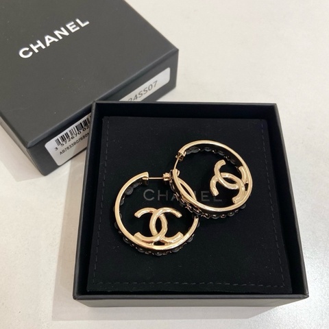 Chanel香奈兒金色皮穿鏈雙Cc logo圓圈耳環