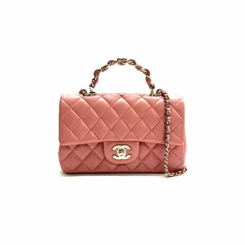 Chanel 香奈兒 粉色 23K 手柄 大mini 晶片 斜背包