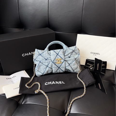 閒置大全套🆕Chanel香奈兒 25k牛仔蝴蝶結鏈條包 小號26*18*5 菱格皺褶做舊單寧 復古