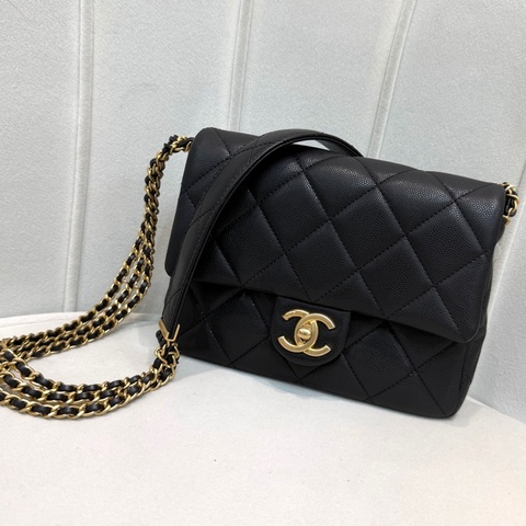 CHANEL 魚子醬黑金20CM FLAP BAG 近代芯片款 XB118