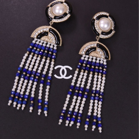 Chanel 19年埃及系列蓝白珍珠流苏耳夹
