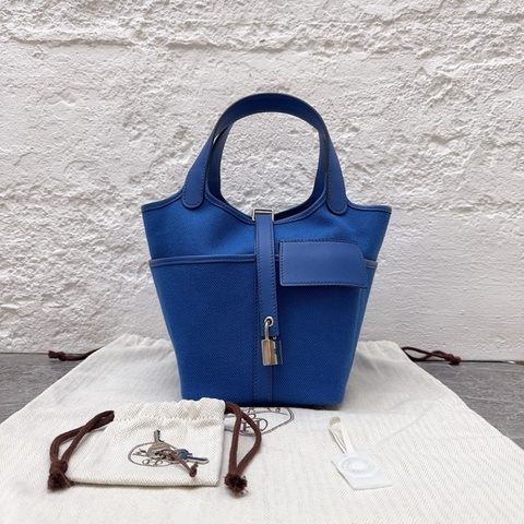 99新hermes/愛馬仕cargo法國藍pictotin18菜藍子銀扣z刻 配件塵袋 鎖鑰匙 輕微使用痕跡內裏乾淨