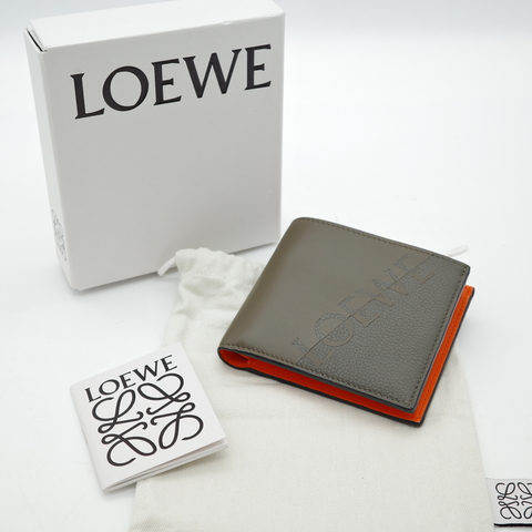 （95新）LOEWE 羅威 灰綠色內拚橘色 對折短夾 (零錢格+鈔位+卡位) 未使用過僅放置痕跡