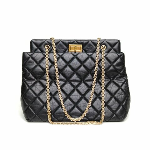 Chanel香奈兒 黑色羊皮革16開金扣2.55菱格托特Tote手提單肩包肩背包