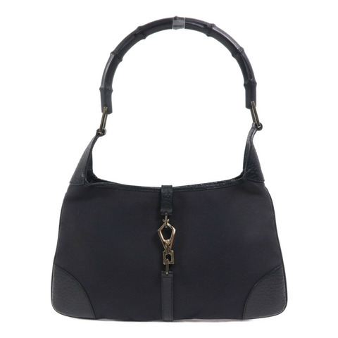 GUCCI 帆布/牛皮皮革Bamboo Jackie Hobo Bag肩背袋