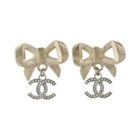 CHANEL 金屬Bow Knot Crystal CC Drop Earrings耳環