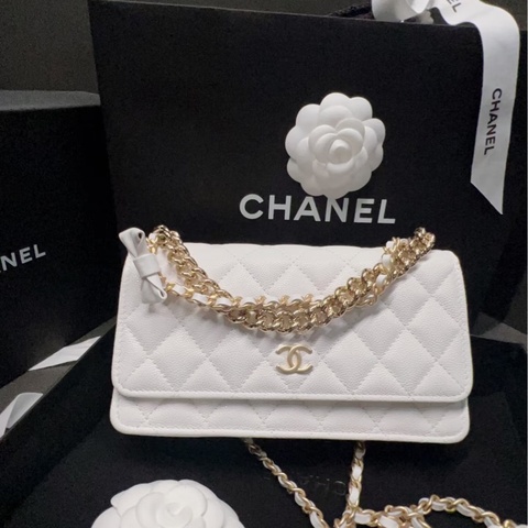 💎Chanel香奈兒｜24S 白金荔枝皮蝴蝶結 鏈條手柄風琴woc｜98新芯片款
