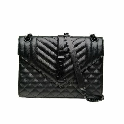Saint Laurent Envelope絎縫紋理信封包中號黑色荔枝牛皮黑扣牛皮