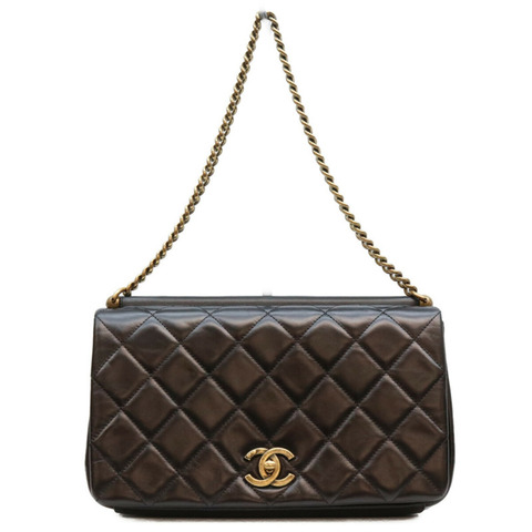 香奈兒 (CHANEL) 復古小牛皮 Paris in Rome 金條翻蓋肩背包，黑色，帶五金配件，女士款