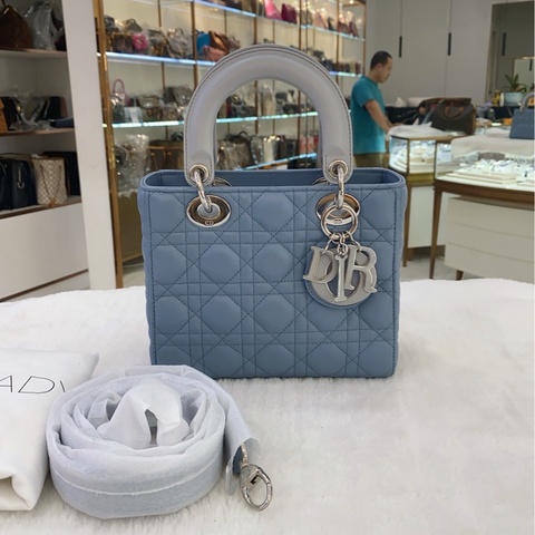 Dior迪奧 四格藍色拼灰色琺瑯扣戴妃手提包斜挎包