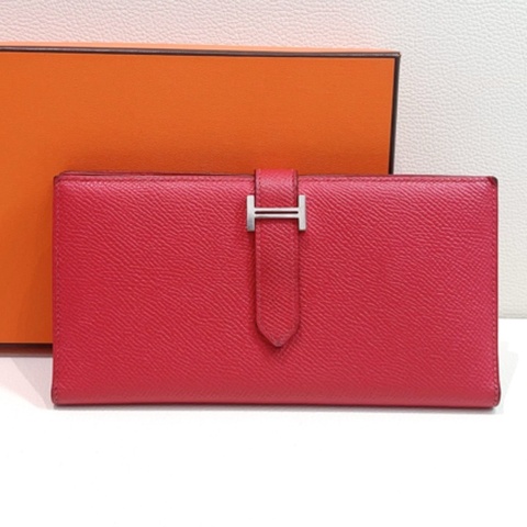 HERMES 愛馬仕bearn紅色銀扣長款錢包 卡包