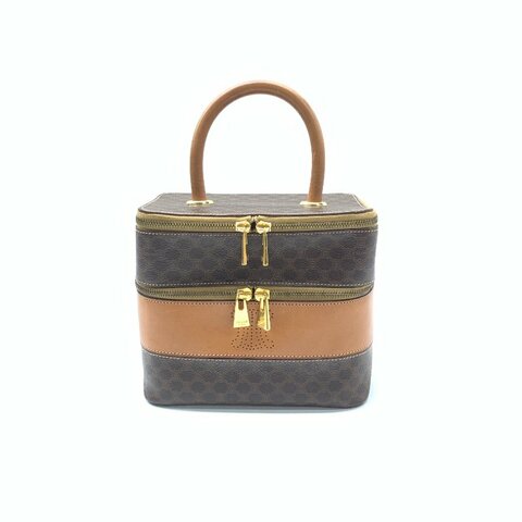 Celine 棕色拼蜜色 雙層 化妝盒 拼皮 手提包