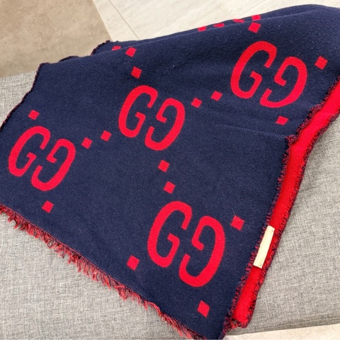 GUCCI 經典GG Logo 雙面圍巾 披肩  深藍 紅