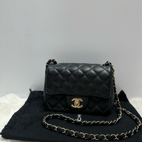 Chanel香奈兒 黑金 羊皮方胖子鏈條包 可單肩斜挎 31開 有卡