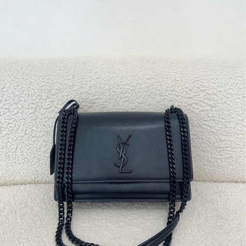 98新 SAINT LAURENT 聖羅蘭YSL Sunset 日落包 銀標Logo 鏈條單肩斜挎包 中號平紋 女款 黑色。