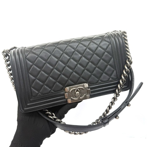 CHANEL  香奈兒 經典 Boy Chanel 25cm 中號菱格紋小羊皮復古金/銀扣鏈條包