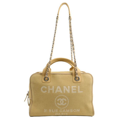 CHANEL 帆布Deauville Bowling Bag鏈帶手挽肩背兩用袋
