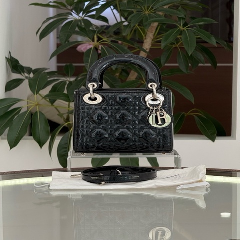 Dior迪奧Lady黑銀漆皮三格戴妃包