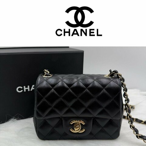 二手真品 狀態良好 晶片款 CHANEL 香奈兒 CF方形迷你口蓋包A35200黑金羊方胖子 斜背包 鍊條包