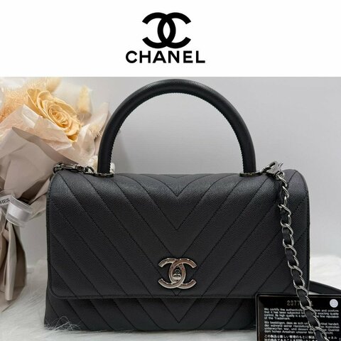 二手真品 狀態良好 CHANEL 香奈兒 山形紋灰銀荔枝牛皮 COCO HANDLE 29 (28開) 斜背包 手提包 鍊條包