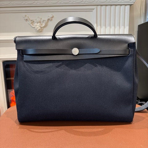 99新hermes 愛馬仕 新款herbag39 帆布拼皮 黑銀手提公文包 單肩斜挎包 男女同款