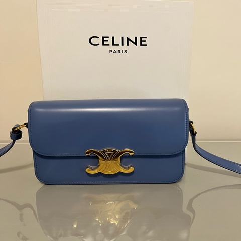 CELINE-18cm 藍色亮面小牛皮小型TRIOMPHE手袋｜凱旋門金扣斜背包