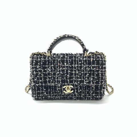 Chanel 黑色 24P 大mini 毛呢 粗花呢 手柄 晶片 肩背包