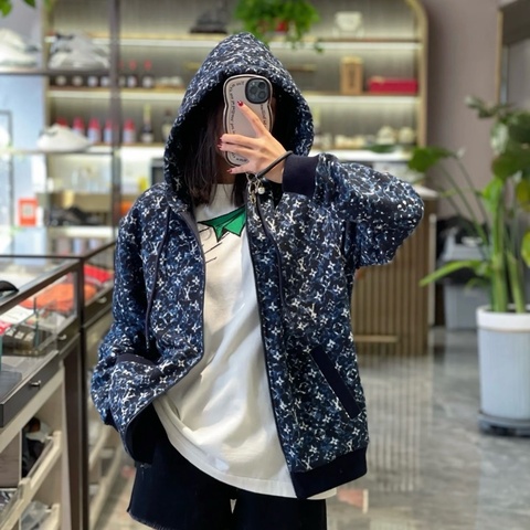LV 路易威登LouisVuitton 23FW滿印拉鍊外套 藍色連帽外套M碼