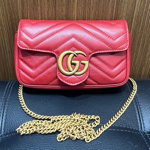 古馳Gucci馬蒙迷你牛皮 紅色金扣