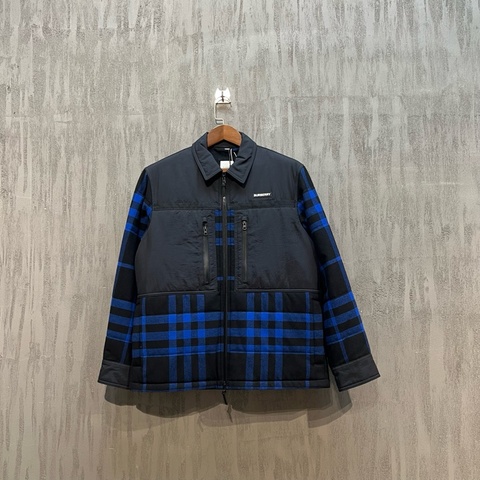 BURBERRY/博柏利 黑藍格紋拼接翻領棉服 外套 46碼