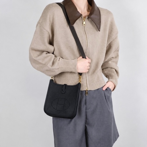 愛馬仕HERMES 89 Noir黑色金釦T/C皮 Mini Evelyne16CM TPM H029426CK