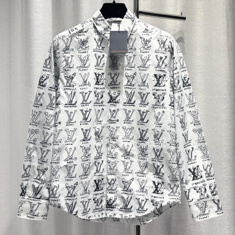 LV 路易威登 長袖襯衫 塗鴉印花logo 滿印 單排扣 翻領 精梳棉面料 白色