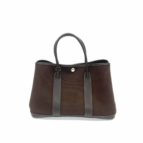 Hermès 巧克力色 花園 30 帆布拼皮 手提包