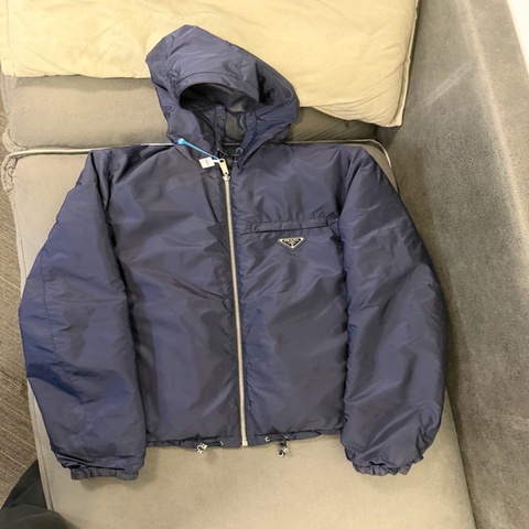 PRADA FW22 雙面穿純色連帽長袖夾克外套 男款 藍色 46碼