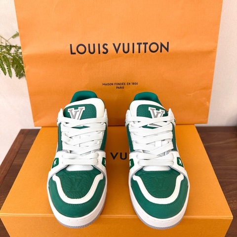 全💚LV 路易威登 Trainer 白綠浮雕滿印休閒鞋 36碼