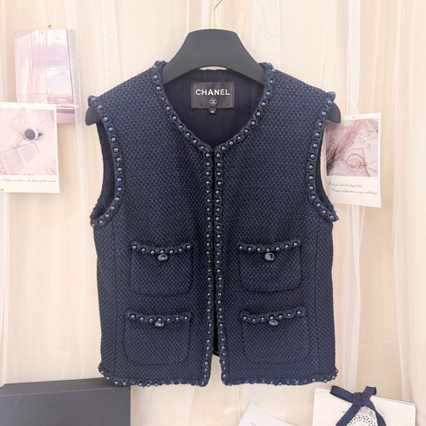 Chanel 17P 深藍色珠飾Tweed馬甲 Size38