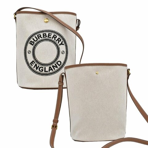 【門市全新現貨】BURBERRY 帆布拚皮革燙印LOGO水桶包 (附原廠防塵袋)