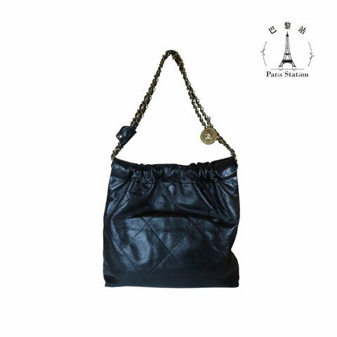 【巴黎站二手名牌專賣店】＊現貨＊CHANEL香奈兒真品＊ AS3260 22Bag 黑色小型流浪包 亮面小牛皮金字 LOGO 束口托特包
