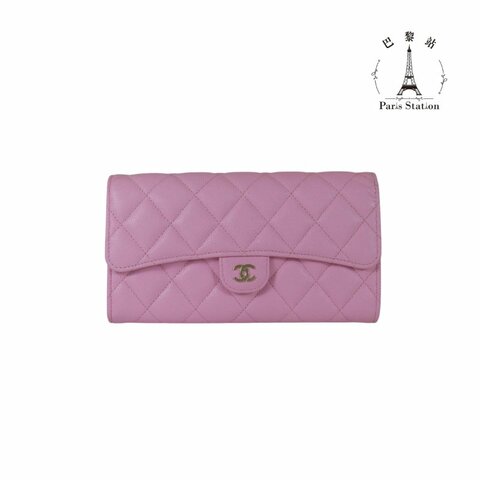 【巴黎站二手名牌專賣店】＊現貨＊CHANEL香奈兒真品＊經典雙C LOGO 淡粉荔枝紋小牛皮暗釦長夾