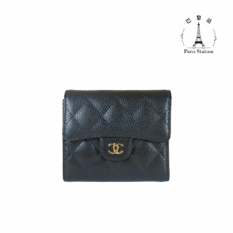 【巴黎站二手名牌專賣店】＊現貨＊CHANEL香奈兒真品＊ 黑荔枝金雙C釦式三折短夾