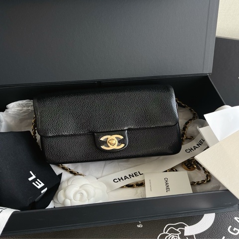 未使用Chanel 香奈兒 24K 荔枝皮 徽章鏈條 黑金方胖子 鏈條包 可單肩斜挎