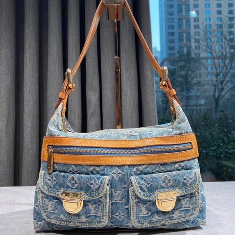 「JL精品代購」9新LV藍色牛仔丹寧baggy