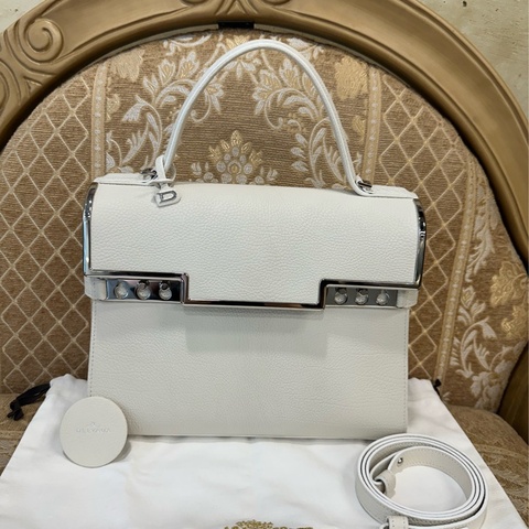 Delvaux 象牙白牛皮Tempete MM銀釦下蓋手提肩背包