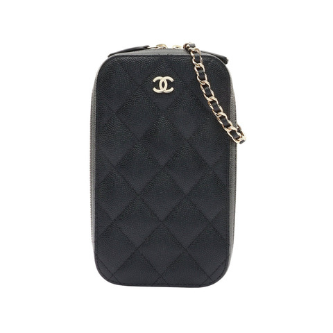 CHANEL 香奈兒 手機包 肩背包 黑色 荔枝紋 牛皮 金扣 無卡 AP0246