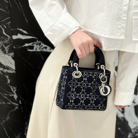 ✨Dior迪奧｜lady三格藍色緞面水鑽戴妃包｜98新