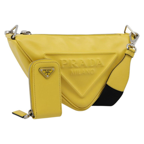 PRADA 三角形單肩包 皮革 黃色 銀色 正品 ka6699M