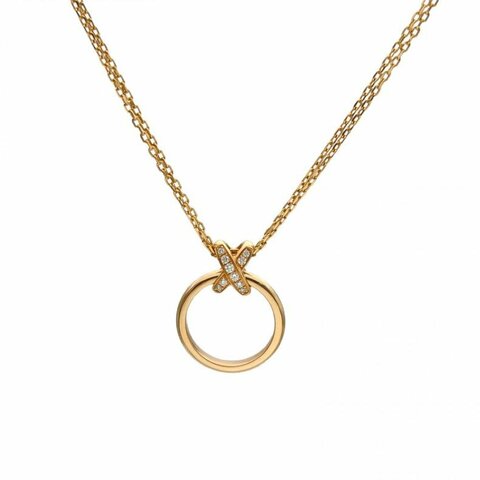 CHAUMET 18K黃金鑽石雙鏈鑲鑽交叉圓環項鏈