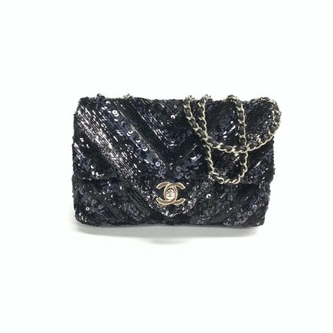 Chanel 黑銀 cf v紋 大mini 22開 亮片 肩背包